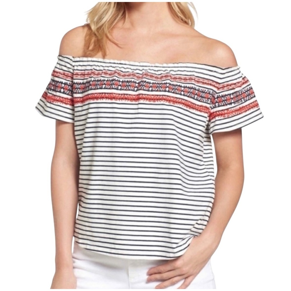 THML Striped Off the Shoulder Top Embroidered Details Women's‎ Size Medium